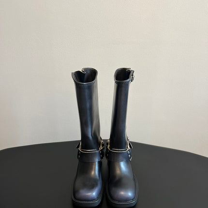 MIUMIU 26S KNEE-HIGH BOOTS IN BLACK CALFSKIN SILVER HARDWARE