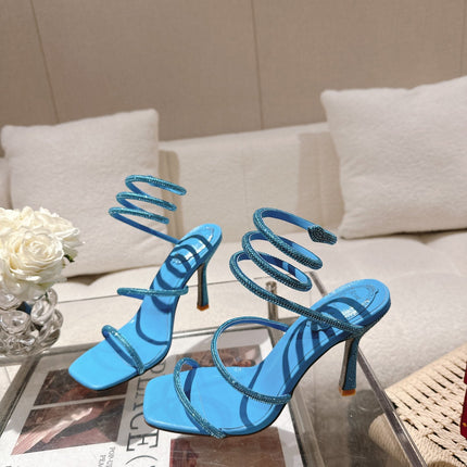 RENE CAOVILLA 26S SQUARE TOE ANKLE STRAP SANDALS 95 MM IN SKY BLUE LAMBSKIN