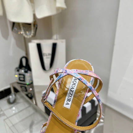 AQUAZZURA 26S HEELED SANDALS 130 MM IN MULTICOLOR SNAKE-EMBOSSED LEATHER
