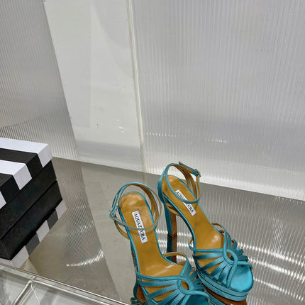 AQUAZZURA 26S HEELED SANDALS 130 MM IN TEAL BLUE SATIN
