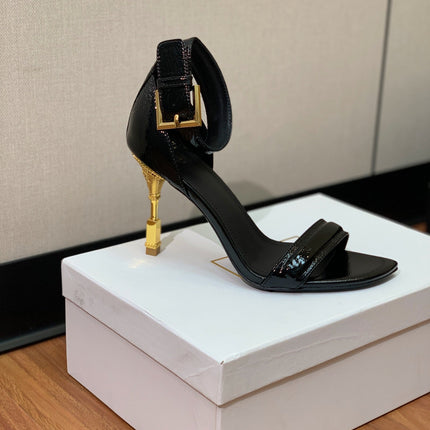BALMAIN 25S SQUARE STRAP HIGH HEELS 100MM IN BLACK PATENT CALFSKIN