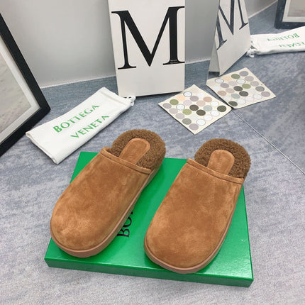 BOTTEGA VENETA 26S FUR-LINED MULES IN BROWN SUEDE