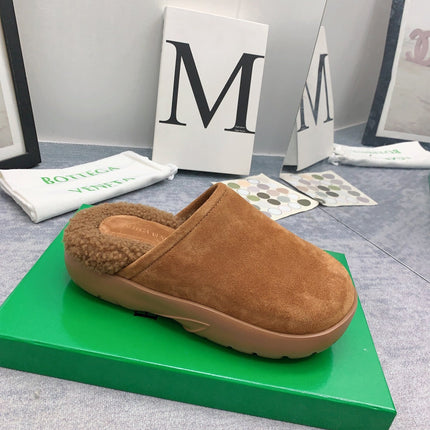 BOTTEGA VENETA 26S FUR-LINED MULES IN BROWN SUEDE