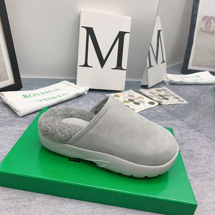 BOTTEGA VENETA 26S FUR-LINED MULES IN LIGHT GREY SUEDE