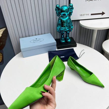 PRADA 26S POINTED TOE PUMPS 40MM IN APPLE GREEN SATIN