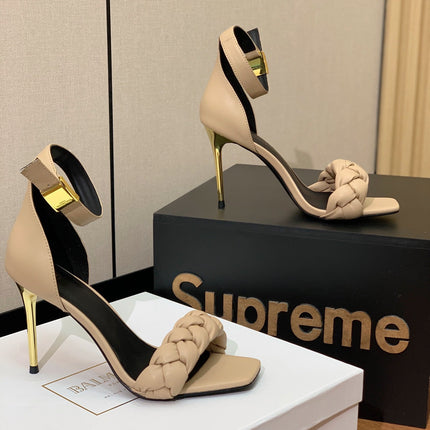 BALMAIN 26S BRAIDED-STRAP HIGH-HEEL SANDALS 95 MM IN BEIGE CALFSKIN