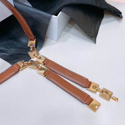 CL SMALL 18 MM SQUARE ADJUSTABLE BELT IN BRONZE BROWN LEATHER GOLD HARDWARE