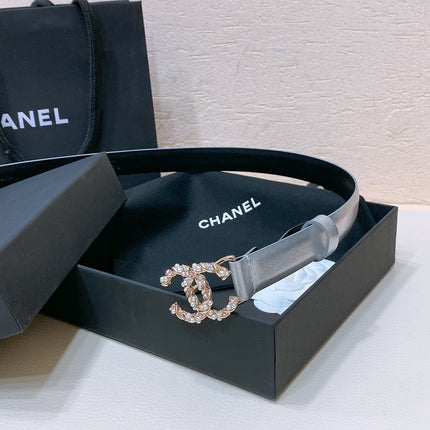 CC BELT 20MM IN SILVER GREY CALFSKIN GOLD HARDWARE ATTACH PEARLS