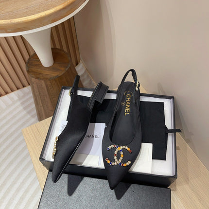 CC SLINGBACKS BLACK SATIN AND LAMBSKIN