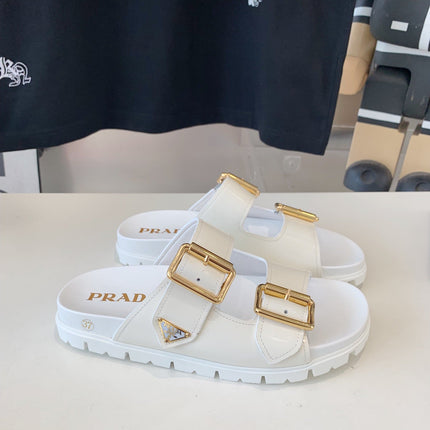 PRA STRAP SLIDES SANDALS GLOSSY WHITE CALFSKIN