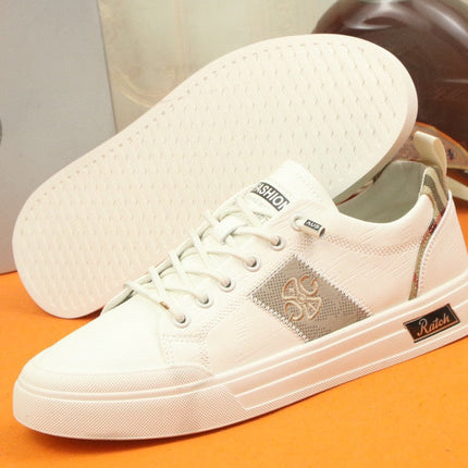 PRA TRAINER IN WHITE CALFSKIN AND TAN EMBROIDERED FABRIC