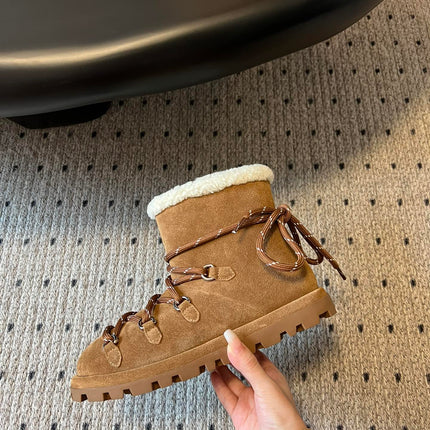 MIUMIU 26S LACE-UP ANKLE BOOTS IN CARAMEL BROWN SUEDE AND WOOL