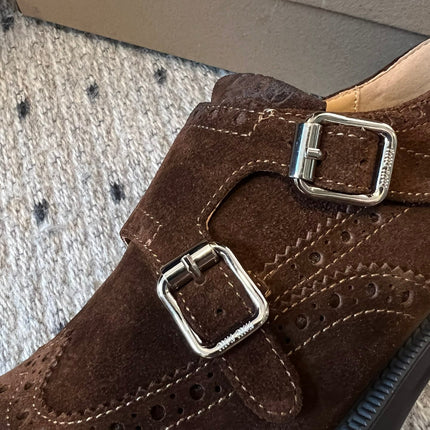 MIUMIU 26S LACE-UP BROGUE LOAFERS IN CHOCOLATE BROWN SUEDE
