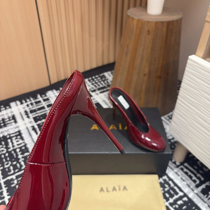 HIGH-HEEL 10 CM MULES IN BERRY RED PATENT CALFSKIN