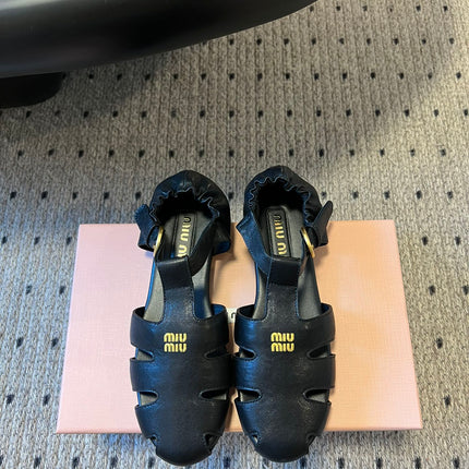 MIUMIU 26S FISHERMAN SANDALS IN BLACK RUCHES NAPPA CALFSKIN