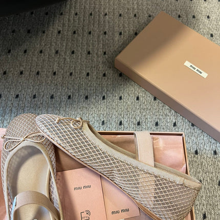 MIUMIU 26S BALLERINAS IN BEIGE MESH FABRIC WITH BOW