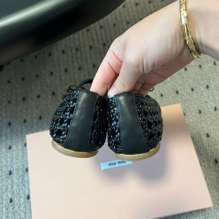MIUMIU 26S BALLERINA FLATS IN BLACK MESH SHEEPSKIN