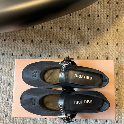 MIUMIU 26S BALLERINAS IN BLACK MESH FABRIC