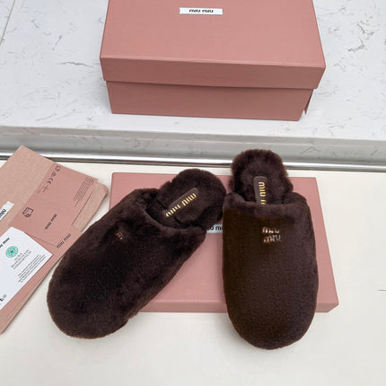 MIUMIU 26S MULES IN DARK BROWN SHEARLING 