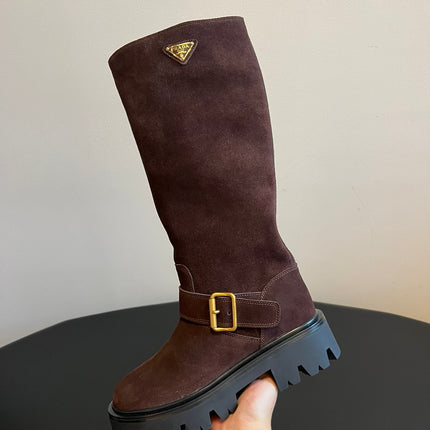 PRADA 25S HIGH-CUT PLATFORM BOOTS IN BROWN SUEDE WITH GOLD HARDWARE