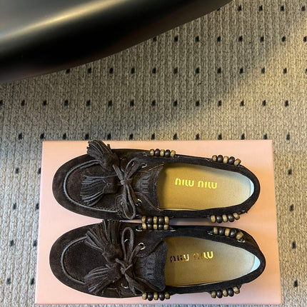 MIUMIU 26S TASSEL LOAFERS IN DARK BROWN SUEDE