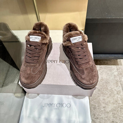 JIMMY CHOO 26S FUR-LINED SNEAKERS IN DARK BROWN SUEDE