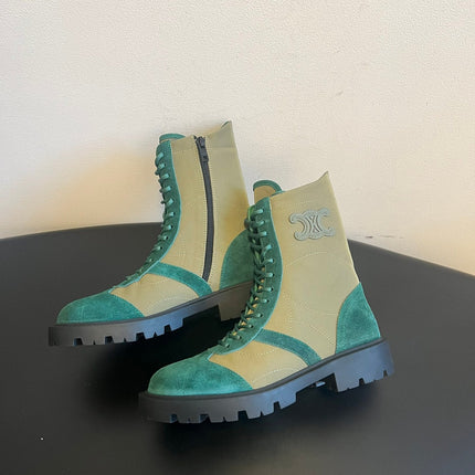 CELINE 26S LACE-UP ANKLE BOOTS IN TEAL GREEN SUEDE AND GRAYISH GREEN LAMBSKIN