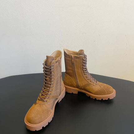 CELINE 26S LACE-UP ANKLE BOOTS IN BROWN SUEDE AND CANVAS