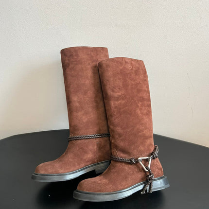 BOTTEGA VENETA 26S TALL BOOTS IN BROWN SUEDE