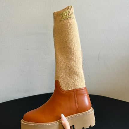 CELINE 26S HIGH-TOP BOOTS 60 MM IN ORANGE BROWN CALFSKIN AND BEIGE WOOL