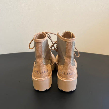 CELINE 26S MARGARET COMBAT BOOT 45 MM IN SAND BEIGE CANVAS AND SUEDE