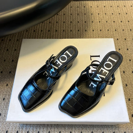 LOEWE 26S ONDA MULE 45MM IN BLACK EMBOSSED CROCODILE CALFSKIN