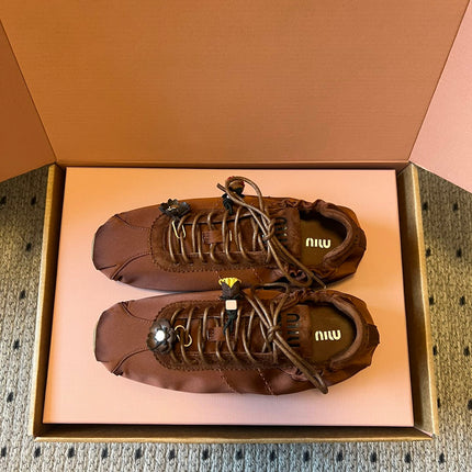 MIUMIU 26S SNEAKERS IN CHOCOLATE BROWN PLUME SATIN