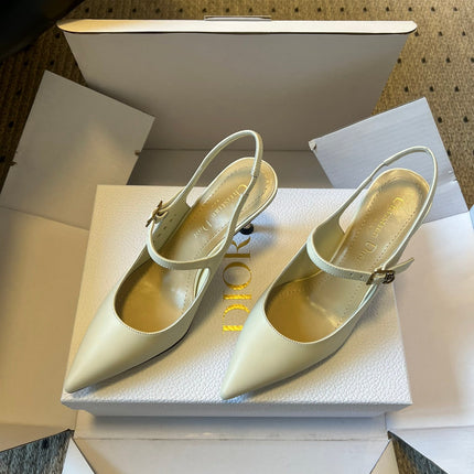 DIOR 26S SLINGBACK PUMP 90MM IN CREAM WHITE CALFSKIN GOLD HARDWARE