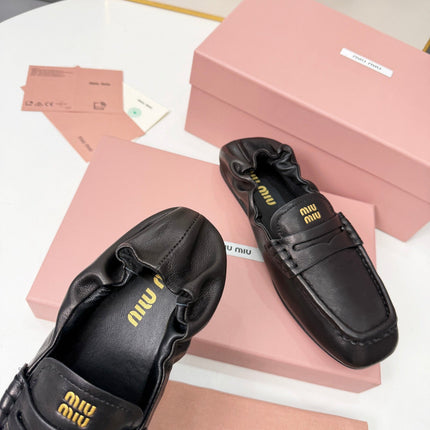 MIUMIU 26S RUCHES LOAFERS IN BLACK LAMBSKIN