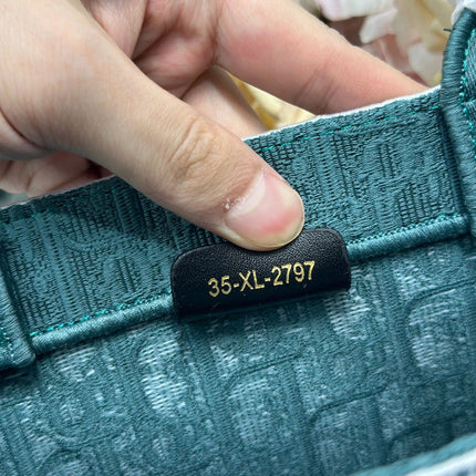 DIOR 26S BOOK TOTE BAG 26 IN TEAL GREEN AND WHITE BAYADERE FABRIC