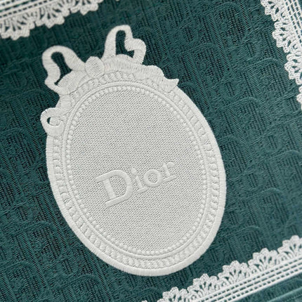 DIOR 26S BOOK TOTE BAG 26 IN TEAL GREEN AND WHITE BAYADERE FABRIC