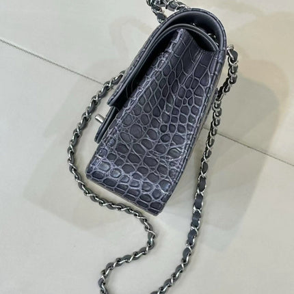 CHANEL 26S CLASSIC FLAP BAG IN DARK BLUE CROCODILE-EMBOSSED MATERIAL