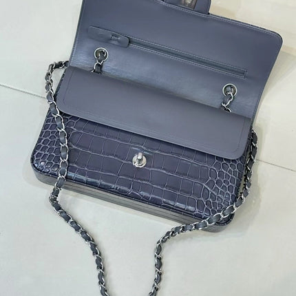 CHANEL 26S CLASSIC FLAP BAG IN DARK BLUE CROCODILE-EMBOSSED MATERIAL