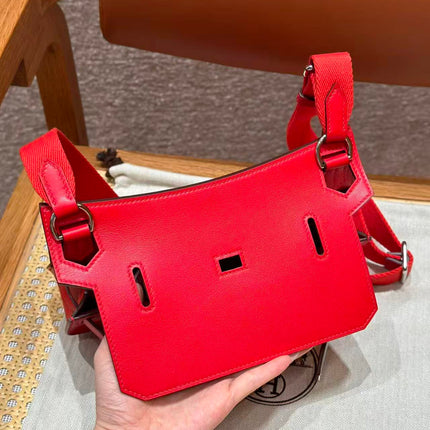 HM MINI JYPSIERE BAG IN RED SWIFT LEATHER SILVER HARDWARE.