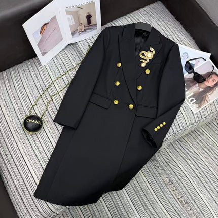 LONG COAT IN BLACK WITH GOLD BUTTONS AND A SNAKE BROOCH