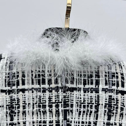 CHANEL 26S CROPPED JACKET PLAID BLACK WHITE TWEED WITH FEATHER TRIM