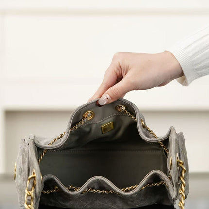 CHANEL 26S DRAWSTRING HOBO BAG IN GREY SUEDE WITH GOLD-TONE CHAIN