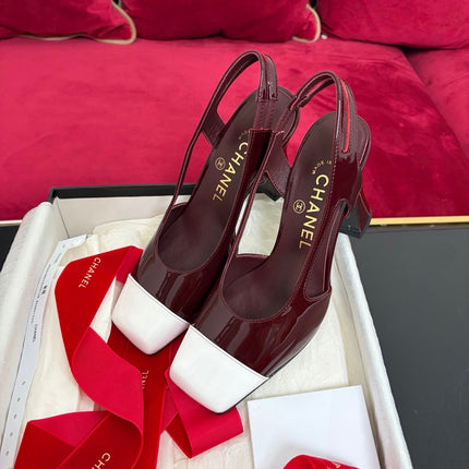 CHANEL 26S SLINGBACK PUMPS IN BURGUNDY & WHITE CALFSKIN