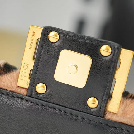 FENDI MINI BAGUETTE 20 IN BROWN FF SHEARLING
