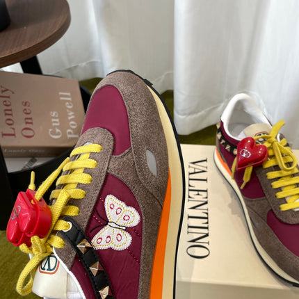 VALENTINO 26S SNEAKERS IN BURGUNDY AND BROWN SUEDE WITH BUTTERFLY EMBROIDERY