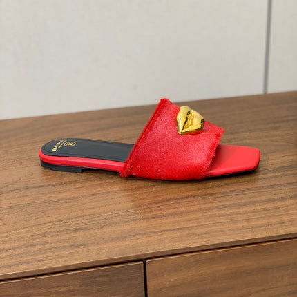 BALMAIN 26S LIP-EMBELLISHED SLIDES IN RED PONY HAIR WITH GOLD HARDWARE