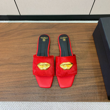 BALMAIN 26S LIP-EMBELLISHED SLIDES IN RED PONY HAIR WITH GOLD HARDWARE