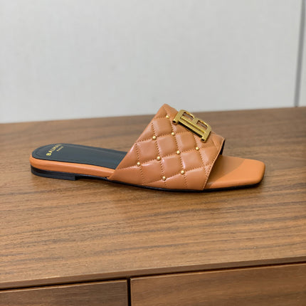 BALMAIN 26S QUILTED MULES IN LIGHT BROWN CALFSKIN