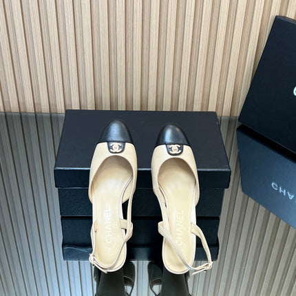 CHANEL 25S SLINGBACK SHOE LOGO 65MM IN BEIGE CALFSKIN GOLD HARDWARE